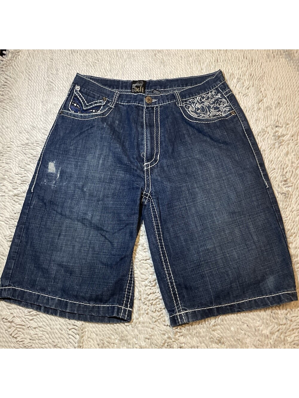 Y2K Embroidered Delf Shorts Mens 38x14.5 Blue Jean Jorts Baggy Skater Grunge